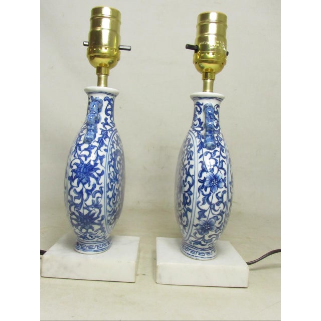 1940s Pair of Chinese Blue and White Porcelain Moon Flask Shaped Lamps For Sale - Image 5 of 15