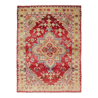 Antique Turkish Oushak Medallion Rug in Red, Lime Green, Gray & Light Blue For Sale