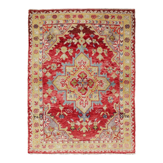 Antique Turkish Oushak Medallion Rug in Red, Lime Green, Gray & Light Blue For Sale