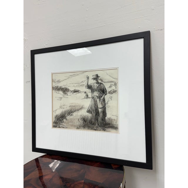 Design Plus Gallery presents a Sickle Reaper Drawing in Charcoal. The framed piece is a landscape view of a laborer...