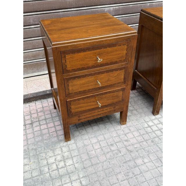 Set of 2 Italian Louis XVI style bedside tables, 1980s Walnut with inlays. Good condition, minor signs of wear. Three...