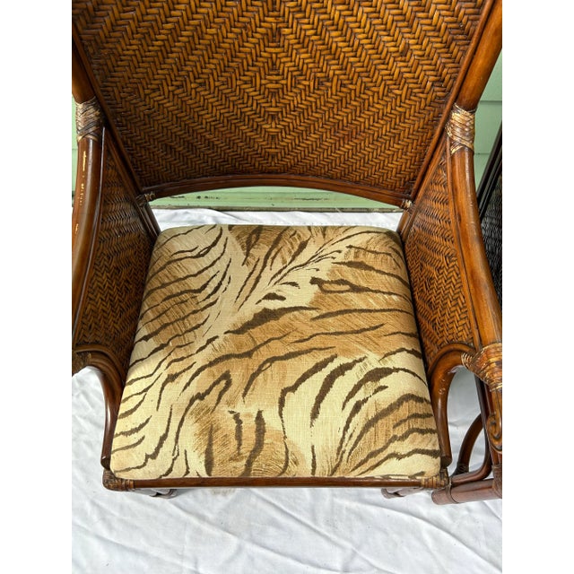 Wood Vintage Bamboo & Rattan Arm Chairs – Pair of Wicker Dining or Accent Chairs With Upholstered Seats For Sale - Image 7 of 12