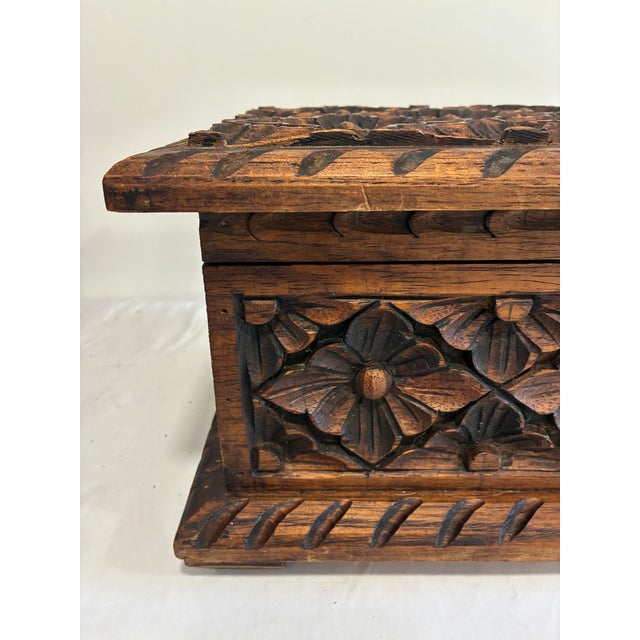 Vintage Hand-Carved Floral Wooden Chest For Sale - Image 4 of 16