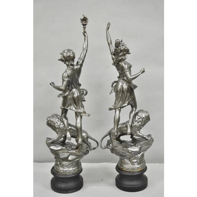 Antique French Renaissance "Le Force & Le Pouvoir" Spelter Metal Sculpture Pair For Sale - Image 10 of 12