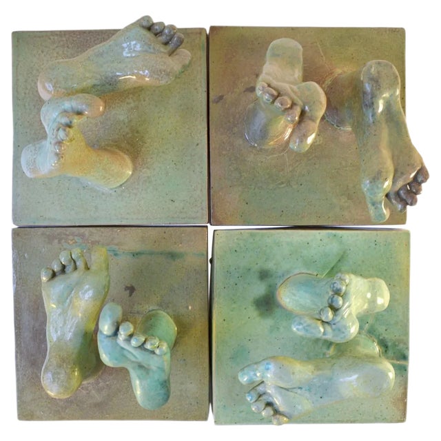 Ceramic Reliefs with Tapestry of Green Glazed Feet, Set of 4 For Sale
