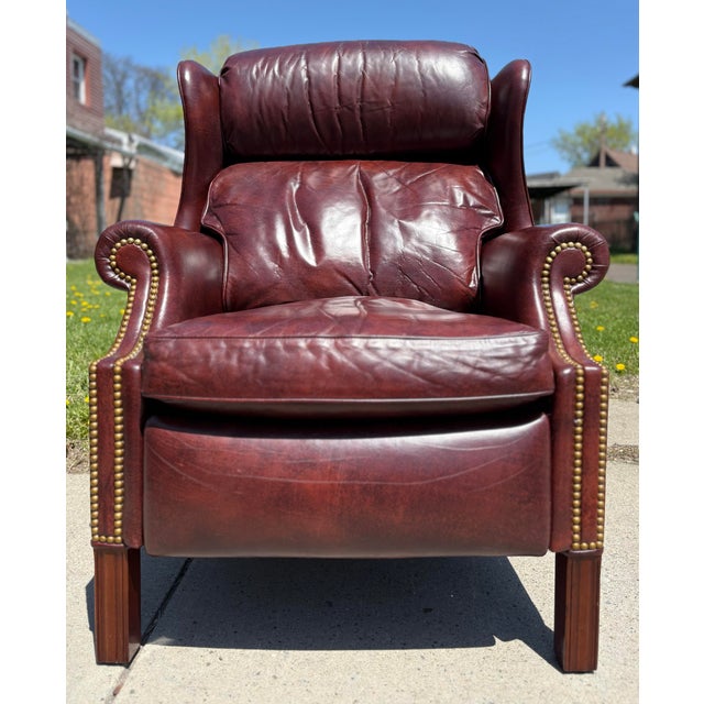 2000 - 2009 Vintage Hancock and Moore Burgundy Leather Wingback Chair/Recliner For Sale - Image 5 of 9