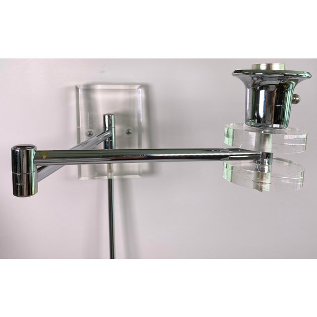 Chrome Pair of Large Modern Chrome & Lucite Adjustable Swing Arm Wall Sconces For Sale - Image 8 of 11
