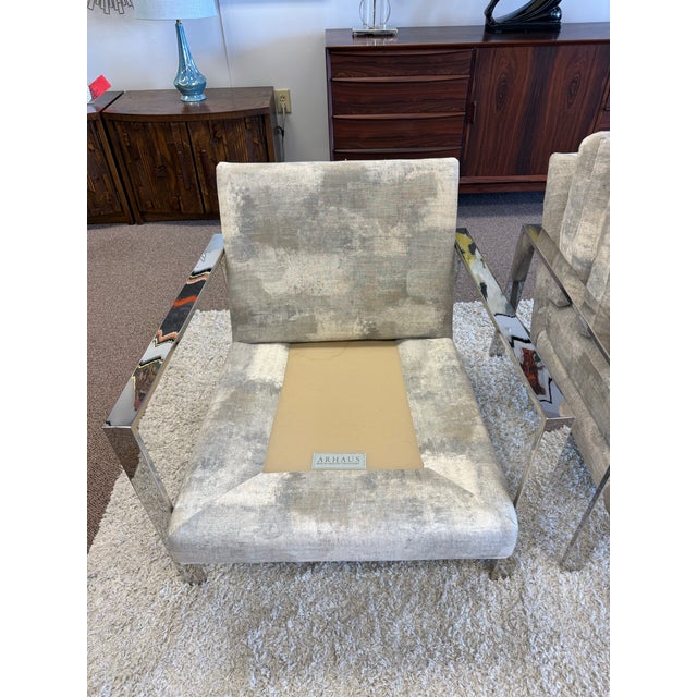 Dove Gray Pair of Mid Century Modern Style Chrome Upholstered Lounge Chairs by Arhaus For Sale - Image 8 of 12