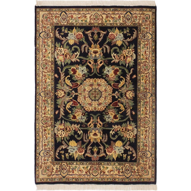 Art Nouveau 1990's Medallion Pak-Persian Blue/Beige Wool Rug - 4'1'' X 6'1'' For Sale - Image 9 of 9