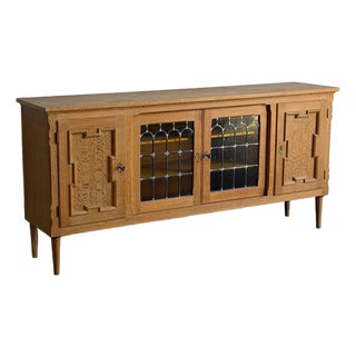 Vintage Danish Oak Sideboard Cabinet in Style of Henning, Brutalist Leaded Glass Credenza For Sale