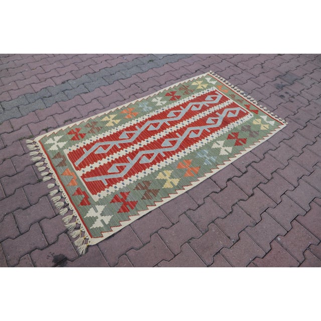 Tribal 1970s Tribal Green Hand Knotted Natural Kilim Rug For Sale - Image 3 of 7
