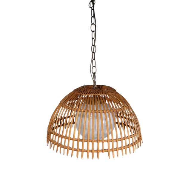 Tan Mid Century Bamboo Chandelier Hanging. Dome Light Fixture C. 1970's For Sale - Image 8 of 9