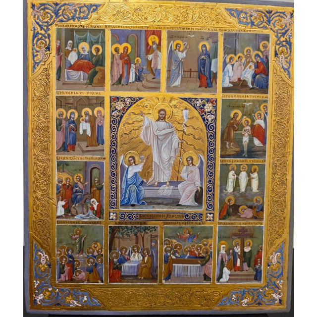 Antique Russian Icon 19C of the Resurrection , Feasts and Festivals of the Orthodox Calendar. Painted with Gold Leaf ....