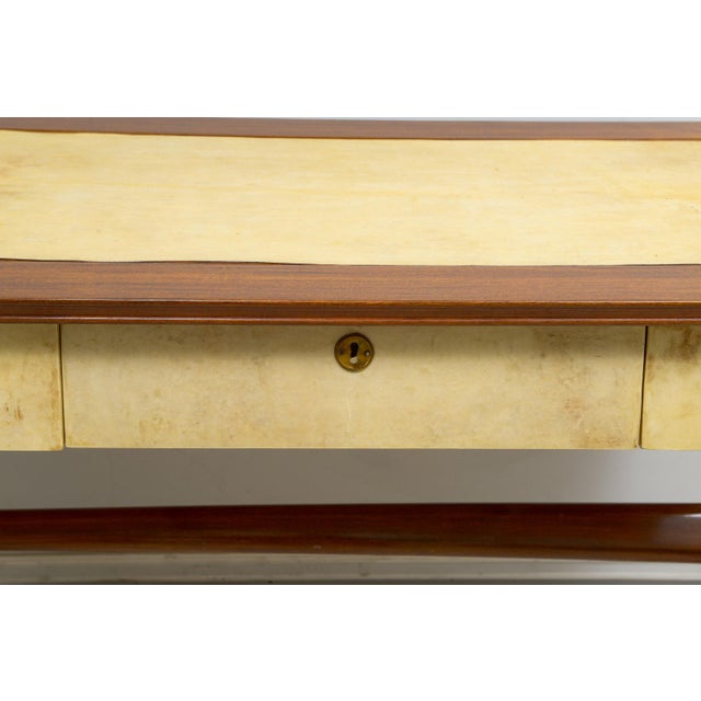 Mid-Century Modern Unusual Italian Mid-Century Mahogany and Parchment Desk With Three Drawers For Sale - Image 3 of 10