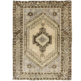 Multi-Layered Medallion Vintage Turkish Oushak Rug in Cream and Shades of Brown For Sale