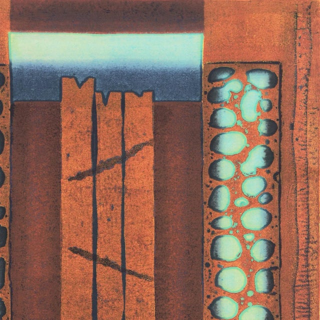 'Abstract in Turquoise and Copper' by Hiroyuki Tajima, 1979, Sosaku-Hanga, National Museum of Art, Osaka, Tokyo, Los Angeles County Museum of Art For Sale - Image 9 of 11