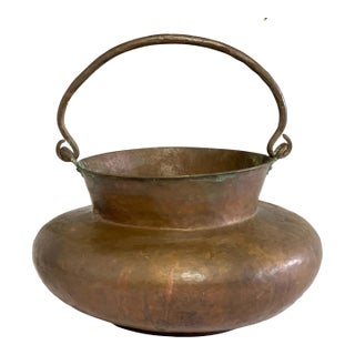 Hand Crafted Antique Copper Cauldron: Hand Hammered Firewood Bucket Green Patina Worn For Sale
