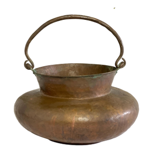 Hand Crafted Antique Copper Cauldron: Hand Hammered Firewood Bucket Green Patina Worn