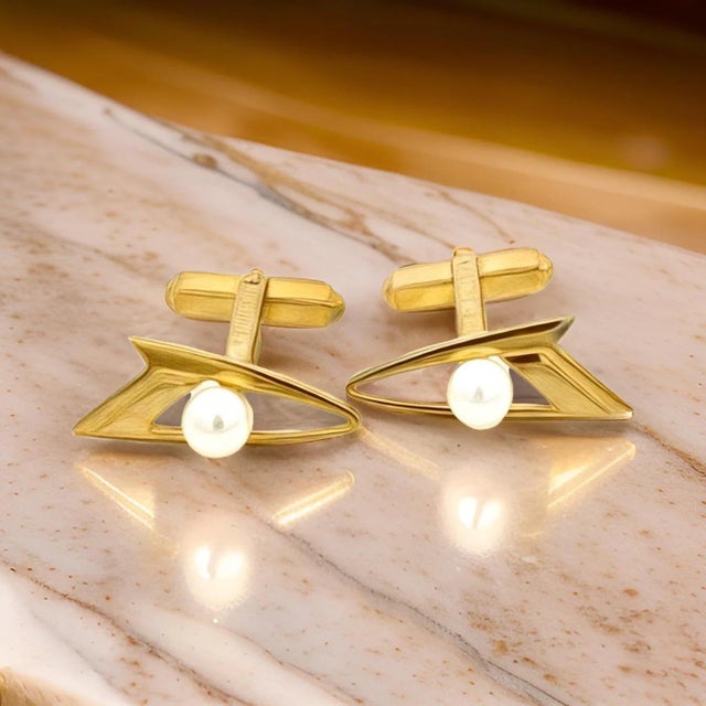 1990s Mikimoto Estate Akoya Pearl Cufflinks Overlay 14k Gold, 2 Pieces For Sale - Image 11 of 11