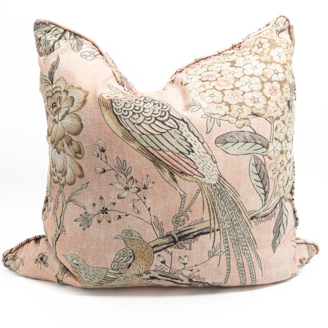 Textile Custom Anna French Villeneuve Chinoiserie Designer Pillow - Blush Linen With Hand-Etched Pheasants & Songbirds - Luxury Feather-Down (20"x20") For Sale - Image 7 of 14