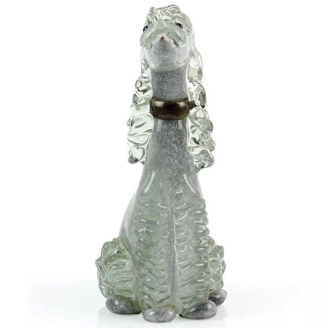 Mid-Century Modern Vintage Murano Barbini Label Gray Black Gold Flecks Italian Art Glass Poodle Puppy Dog Figure Sculpture For Sale - Image 3 of 8