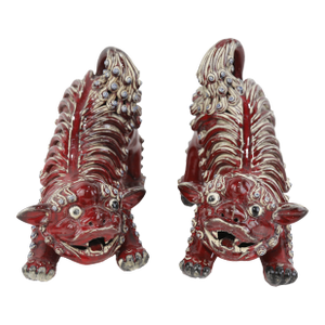 Pair of Chinese Shiwan Guangdong Red Porcelain Foo Dogs