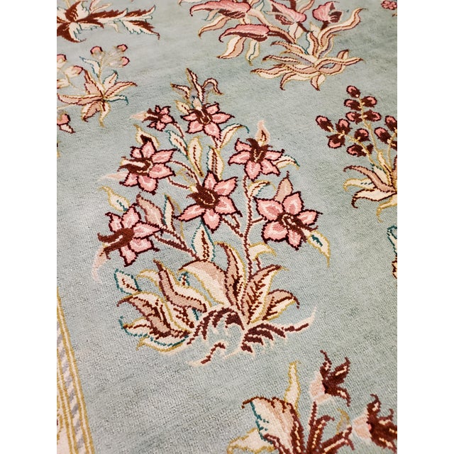 Late 20th Century Rare Finely Woven Persian Silk Qum, Handmade Oriental Rug, Sky Blue and Red For Sale - Image 9 of 17