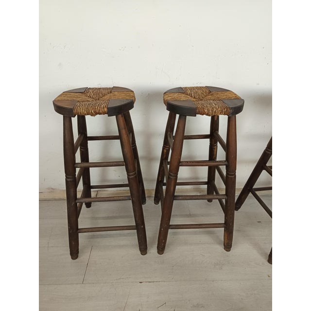Tan Brutalist Stools in Wood and Straw, 1950s, Set of 4 For Sale - Image 8 of 15