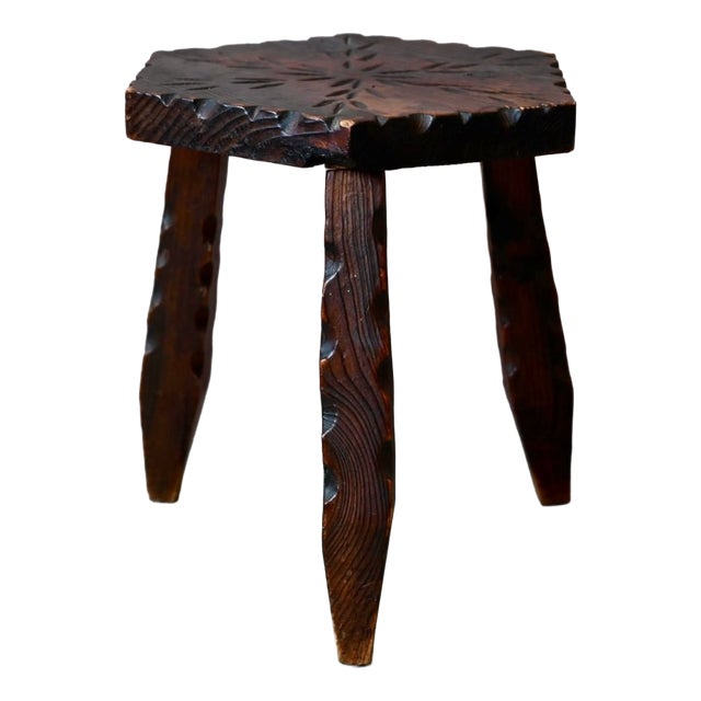 Folk-Style Carved Pine Tripod Stool, 1960s | Chairish