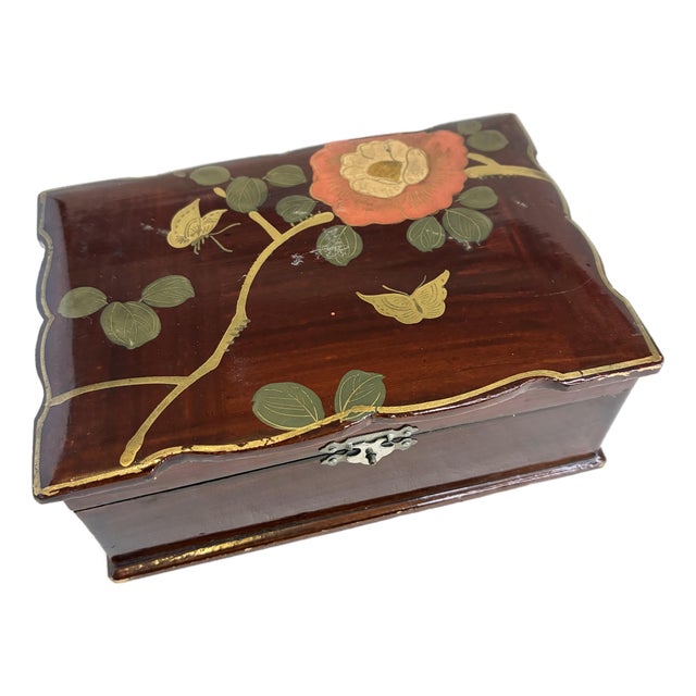 Vintage Japanese Floral Butterfly Lacquerware Trinket Jewelry Box For Sale