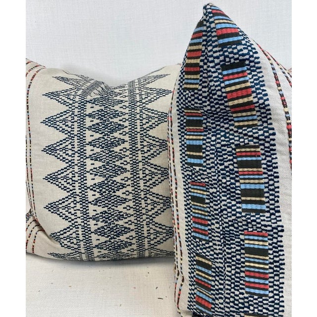 Custom pair of 22" pillows covered in Mulberry "Stitchwork" in color indigo. These pillows have tapered corners to prevent...