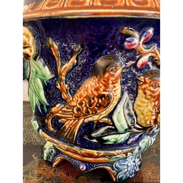 Antique Majolica Bird Planter Cache Pot Jardinière Cobalt Blue Wasmuël C1890 For Sale - Image 11 of 18