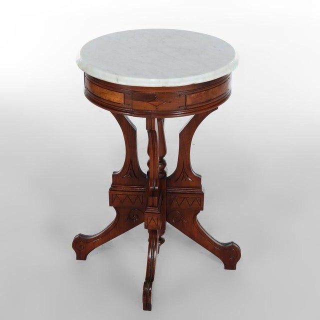Victorian Antique Eastlake Walnut & Burl Marble Top Side Stand C1890 For Sale - Image 3 of 8