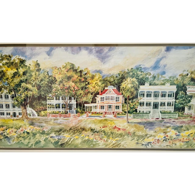 Vintage 1990s ‘Low Country Bed and Breakfast', watercolor painting print signed 'Shipman' lower left, golden wood frame,...