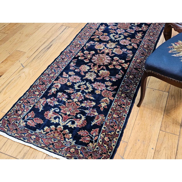 Antique Persian Lilian Runner Rug, Hand-Knotted Wool, Floral Design, Navy & Red, 3x7 For Sale - Image 4 of 15