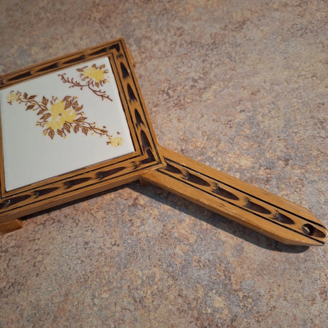 1970s Circa 1970s Orion Monterrey Mexico Ceramic Wood Handled Floral Design Trivet For Sale - Image 5 of 11