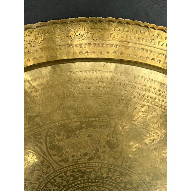 Mid-Century Chinoiserie 45 Inch Hand-Etched Brass Tray Coffee Table on Teak Spider Base. For Sale - Image 10 of 11