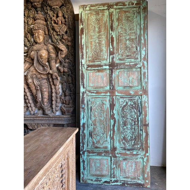 Mid-Century Modern Vintage Hand-Carved Door Panel in Distressed Green | Rustic Farmhouse Architectural Statement 96 For Sale - Image 3 of 5