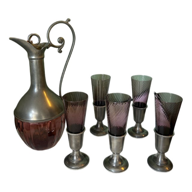 Liquor Set in Pewter and Murano Glass, Set of 6 For Sale