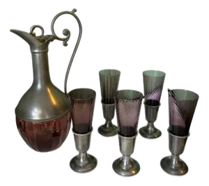 Liquor Set in Pewter and Murano Glass, Set of 6