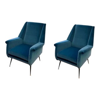Italian 1950s Blue Velvet Lounge Chairs Attributed to Carlo De Carli For Sale