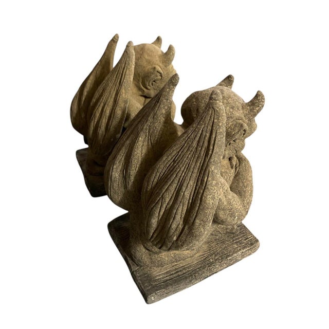 2000 - 2009 Pair of Vintage Cast Stone Winged Gargoyle Statues For Sale - Image 5 of 11