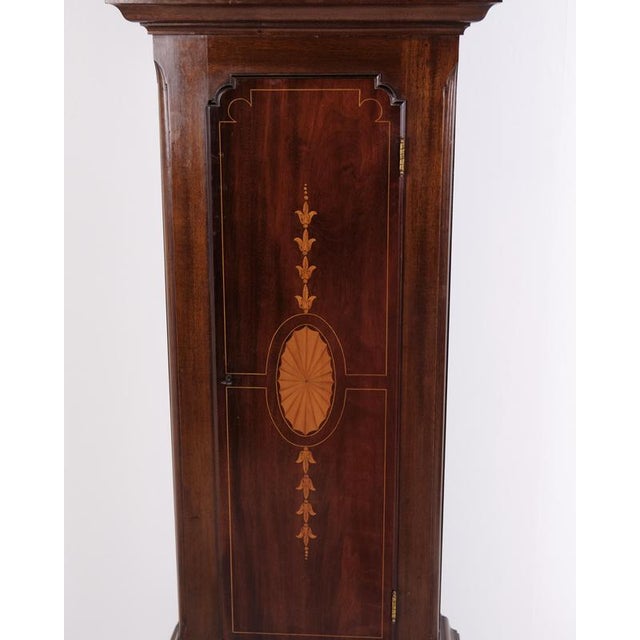 Wood English Mahogany Longcase Clock with Marquetry and Brass Dial, 1880s For Sale - Image 7 of 13