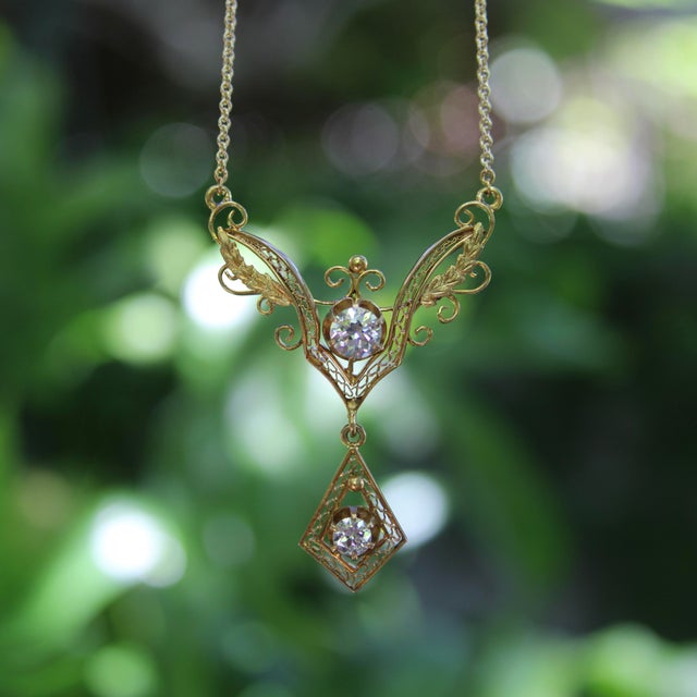 Late 19th Century Victorian 14k Gold Filigree and Old European Cut Diamond Pendant Necklace For Sale - Image 9 of 9