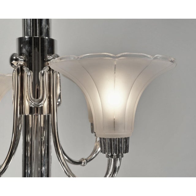 Metal Petitot French Art Deco 4-Arm Chandelier 1930s - Trumpet Frosted Glass & Nickel For Sale - Image 7 of 12