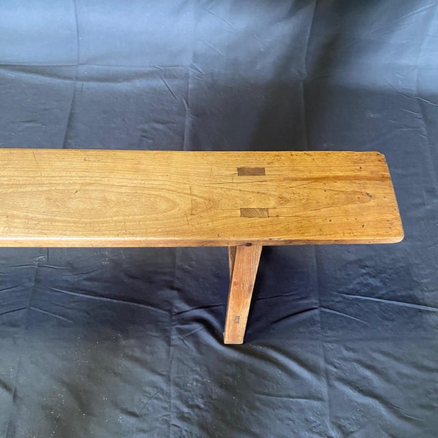 Wood Antique French Provincial Farmhouse Walnut Trestle Base Benches -a Pair For Sale - Image 7 of 11