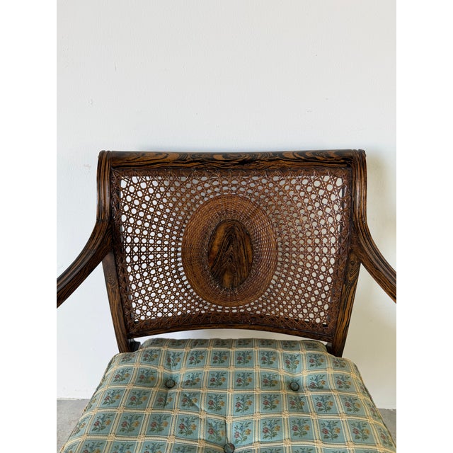 Brown Vintage Hollywood Regency Faux Grain Painted Armchair With Cane Back & Upholstered Seat For Sale - Image 8 of 12