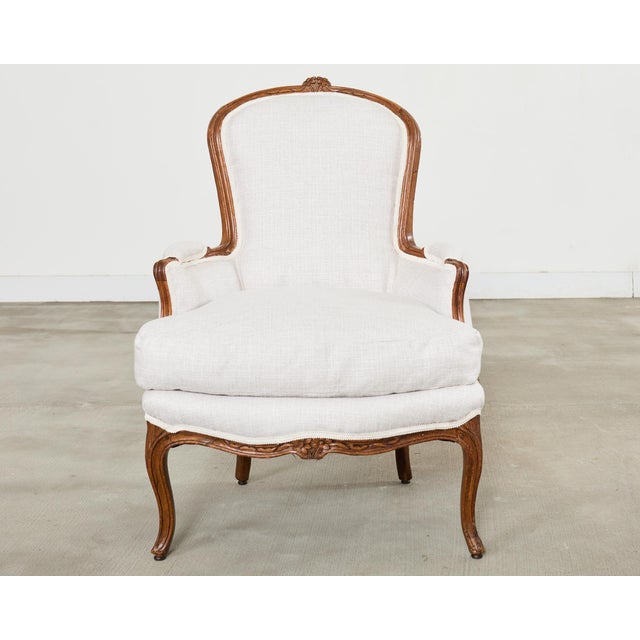 Pair of French Louis XV Style Walnut Bergeres With Linen For Sale - Image 10 of 18