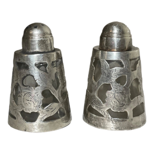 Pair Vintage Mexican Openwork 925 LHM Sterling Silver Glass Salt & Pepper Shaker