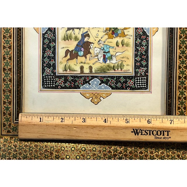 1990s Oriental Indo Syrian Gouache Polo Game Painting Gilded Brass Micromosaic Frame For Sale - Image 5 of 7